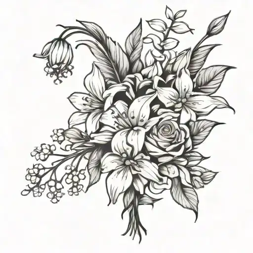simple black and white bouquet, lily of the valley, rose, honeysuckle, and aster, thin outlines,   tattoo design idea