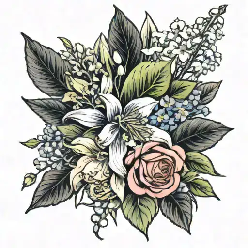 My family's birth flowers in a bouquet, lily of the valley, rose, honeysuckle and aster, thin outlines, black and white  tattoo design idea