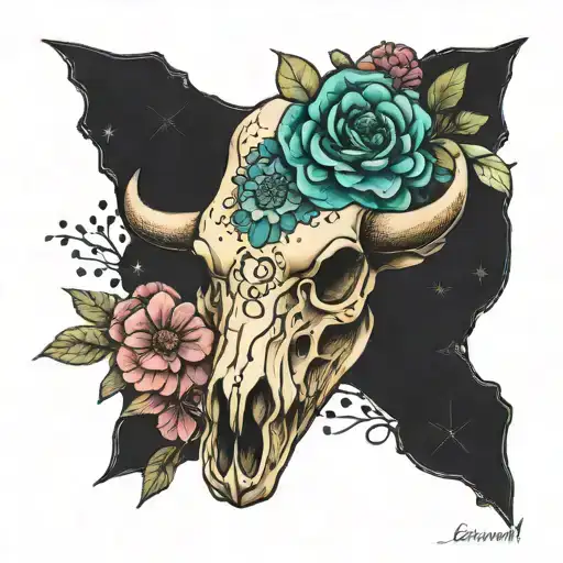 girly  buffalo skull, turtle , birth month flowers for January, February, June,July and October tattoo design idea