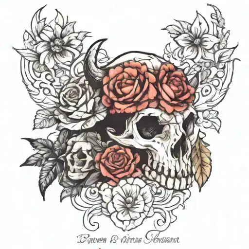 girly, a buffalo skull, turtle , birth month flowers for January, February, June,July and October  tattoo design idea