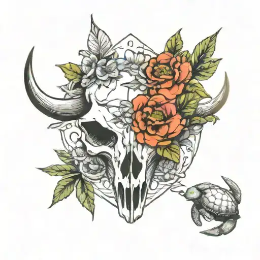 buffalo skull , turtle, birth flower for January, February, June, July and October   tattoo design idea