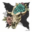 girly  buffalo skull, turtle , birth month flowers for January, February, June,July and October tattoo design idea