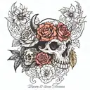 girly, a buffalo skull, turtle , birth month flowers for January, February, June,July and October  tattoo design idea