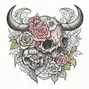 girly, a buffalo skull, turtle , birth month flowers for January, February, June,July and October  tattoo design idea
