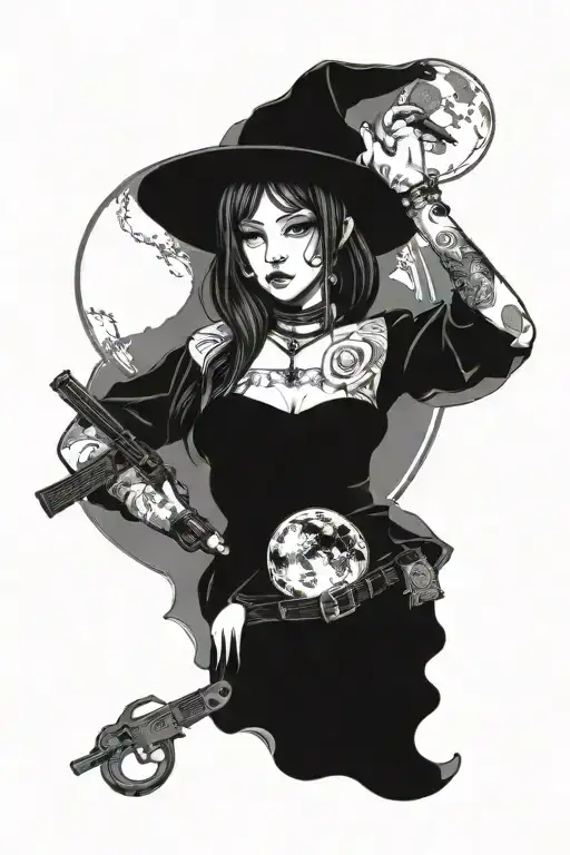 Mana girl with a gun and the moon tattoo design idea