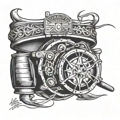 A tattoo design of a classic wrestling championship belt wrapped around a vintage car steering wheel, representing the client's love for wrestling and old school cars tattoo design idea