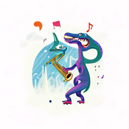 dinosaurs playing the saxophone in space with music notes around them tattoo design idea