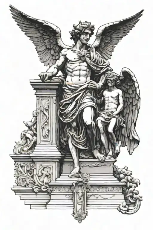 julius cesar statue with guarding angel standing  tattoo design idea
