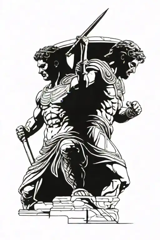 julius cesar with gladiator standing next to each other, statue tattoo design idea
