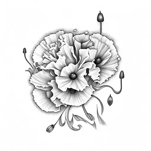 carnation, poppy, lily and pot marigold bouquet  tattoo design idea