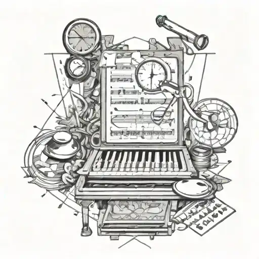 Sketch casual style tattoo elements include stethoscope, Taiwan map, piano, lesbian all together  tattoo design idea