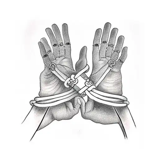 praying hands that are tied with rope on the wrist. tattoo design idea