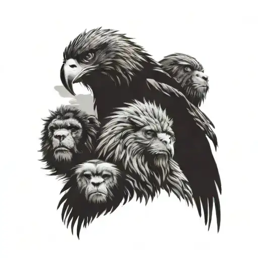 An eagle perched on a branch with a lion and gorilla peeking out from behind it tattoo design idea
