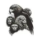 An eagle perched on a branch with a lion and gorilla peeking out from behind it tattoo design idea