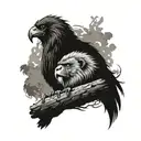 An eagle perched on a branch with a lion and gorilla peeking out from behind it tattoo design idea