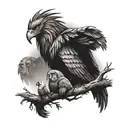 An eagle perched on a branch with a lion and gorilla peeking out from behind it tattoo design idea