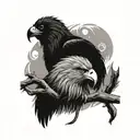 An eagle perched on a branch with a lion and gorilla peeking out from behind it tattoo design idea