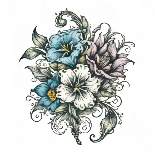 Gladiolus, Poppy, aster, morning glory, forget me not flowers intertwined tattoo design idea