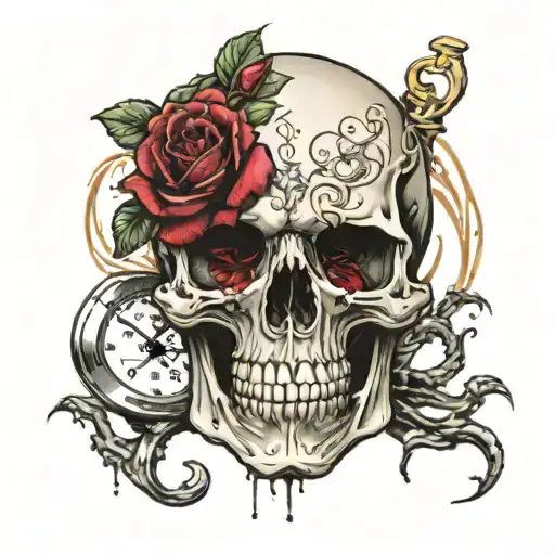 skull with hour glass in mouth wide open with  dead roses tattoo design idea
