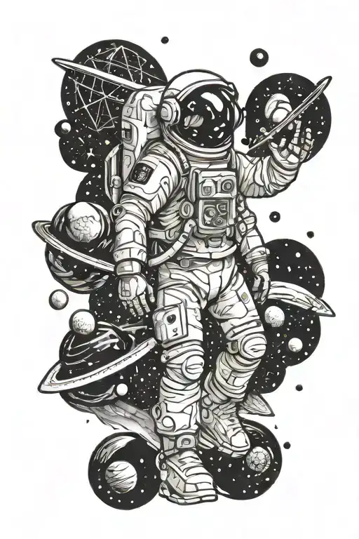 A geometric astronaut floating in space surrounded by planets and galaxies tattoo design idea