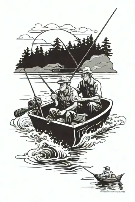 Get a tattoo of a grandfather with his grandson fishing with a rod in a motor boat and from where you can see the beach tattoo design idea
