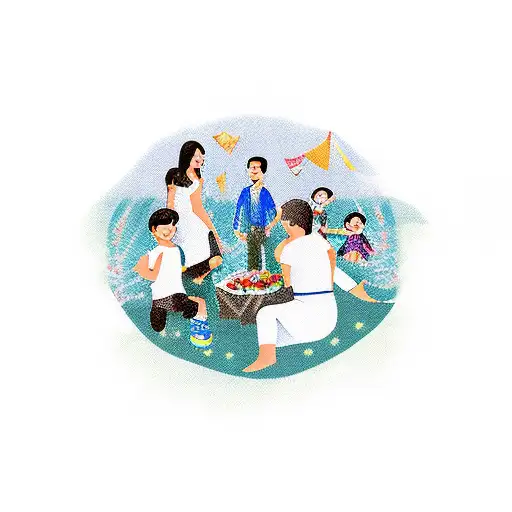 A whimsical scene of your family having a picnic near a waterfall, capturing the joy and togetherness you share tattoo design idea