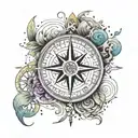 A tattoo design featuring a compass surrounded by symbols of the four elements (earth, air, fire, water), representing the client's passion for exploration and adventure tattoo design idea
