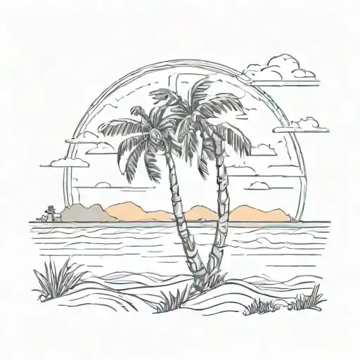 An authentic black and gray drawing showcasing a sunset on the beach with distant clouds and noticeable Palm trees.  tattoo design idea