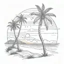 An authentic black and gray drawing showcasing a sunset on the beach with distant clouds and noticeable Palm trees.  tattoo design idea