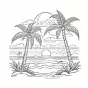 An authentic black and gray drawing showcasing a sunset on the beach with distant clouds and noticeable Palm trees.  tattoo design idea