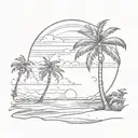 An authentic black and gray drawing showcasing a sunset on the beach with distant clouds and noticeable Palm trees.  tattoo design idea