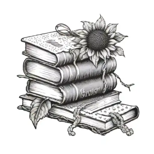 A stack of books with crocheted bookmarks and a sunflower growing from the top book tattoo design idea