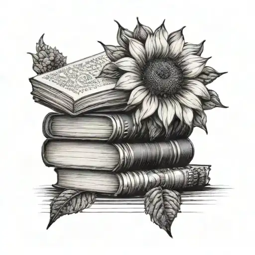 A stack of books with crocheted bookmarks and a sunflower growing from the top book tattoo design idea