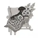 A cozy reading nook with a crocheted blanket, sunflowers in a vase, and a dog curled up at the reader's feet tattoo design idea