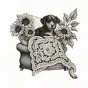 A cozy reading nook with a crocheted blanket, sunflowers in a vase, and a dog curled up at the reader's feet tattoo design idea