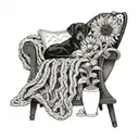 A cozy reading nook with a crocheted blanket, sunflowers in a vase, and a dog curled up at the reader's feet tattoo design idea