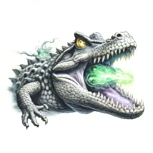 crocodile head with glowing eyes like space bitting into a galaxy ball that explodes into space particles tattoo design idea