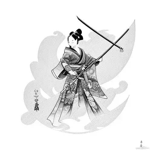 Geisha holding a katana sword with intricate Japanese patterns in the background tattoo design idea