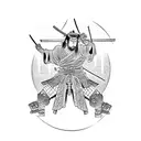 Japanese temple gate with a silhouette of a samurai warrior standing in front of it, using dotwork for shading tattoo design idea