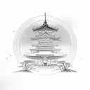 Japanese temple gate with a silhouette of a samurai warrior standing in front of it, using dotwork for shading tattoo design idea