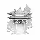 Japanese temple gate with a silhouette of a samurai warrior standing in front of it, using dotwork for shading tattoo design idea