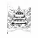 Japanese temple gate with a silhouette of a samurai warrior standing in front of it, using dotwork for shading tattoo design idea