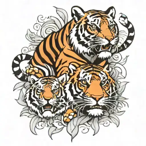 mother tiger protecting 2 playing cubs  tattoo design idea