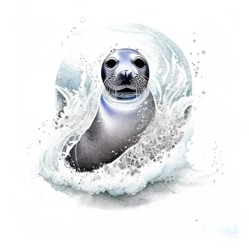 seal watercolor peaking its head out of the water waves seaguls  tattoo design idea