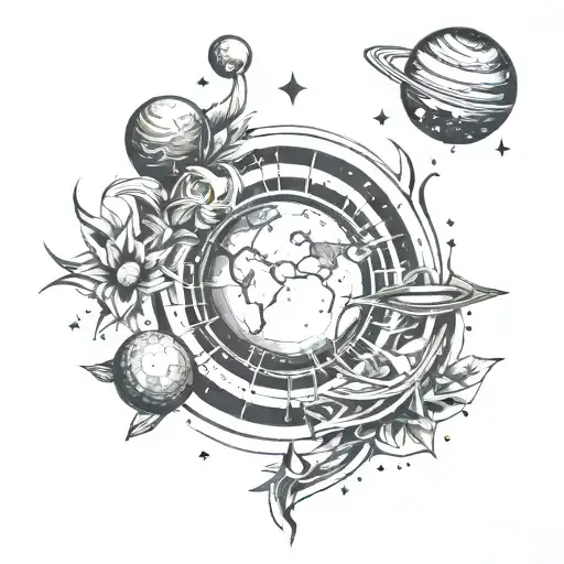 generate an image tattoo design for back in spinal shape with planets, galaxy, sun, moon, and cancer constellation  tattoo design idea