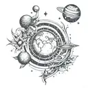 generate an image tattoo design for back in spinal shape with planets, galaxy, sun, moon, and cancer constellation  tattoo design idea