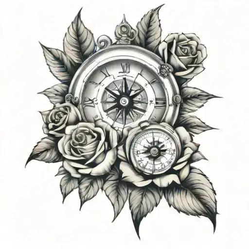 roses and clock and compass and glock 21 gen 3 tattoo design idea