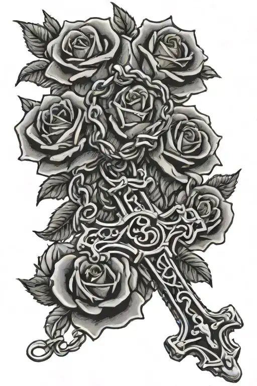 rosary intertwined with roses around name written Lexus and date 11/6/1996 tattoo design idea
