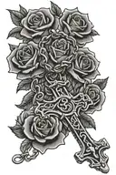 rosary intertwined with roses around name written Lexus and date 11/6/1996 tattoo design idea