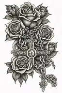 rosary intertwined with roses around name written Lexus and date 11/6/1996 tattoo design idea